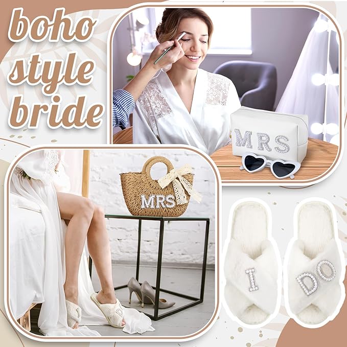 4 Pcs Bridal Shower Gift Set Include Handwoven Wedding Straw Purse Makeup Cosmetic Tote Bag Beach Bride Sunglasses Cross Band Women Slippers for Bridal Shower Bachelorette Party(Mrs)