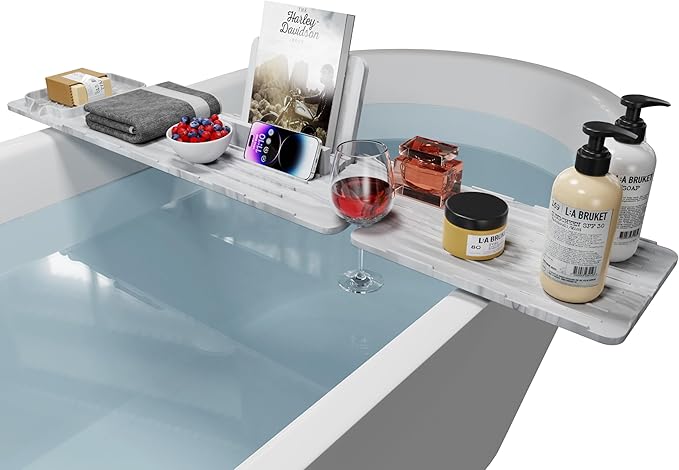 Luxury Bathtub Caddy Tray, Made of Stainless Steel and Silicone, Waterproof, Anti-Bending, Solid Bath Tray for Tub, Ideal Gift for Woman and Man Relaxing, 35.4×6.7 inches