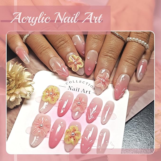 Handmade Acrylic Press On Nails Almond, Short Oval Press On Nails Pink, Ombre 3D Flower Nails For Women Gift, Reusable Stick On Fake Nails Kit With Nail Glue(3D Floral Blush-L)