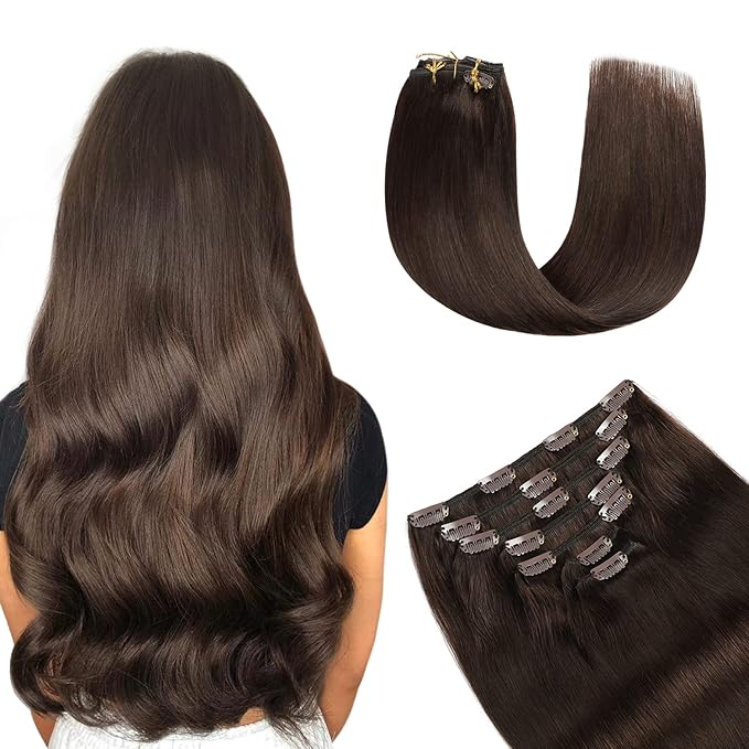 YILITE Dark Brown Clip in Hair Extensions Real Human Hair Double Weft Invisible Hair Extensions Clip ins 8Pcs 100Gram Full Head Remy Clip on Hair Extensions Straight Thick (12inches #2 Dark Brown)