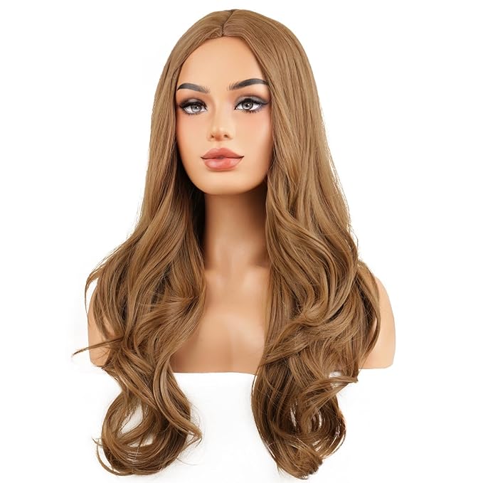 BERON Light Brown Long Wavy Wig for Women Girls Natural Curly Middle Part Heat Resistant Synthetic Hair Wigs for Cosplay Party Daily Use