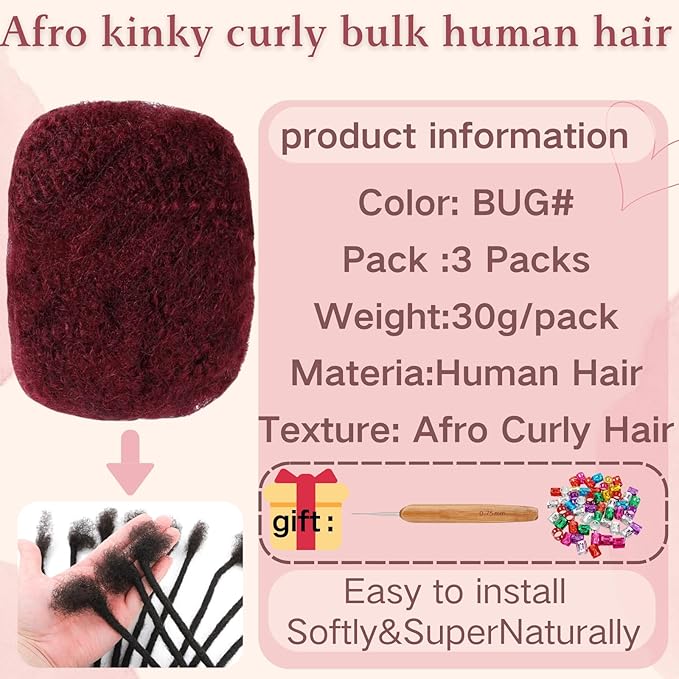 Afro Kinkys Bulk Human Hair for Dreadlock Extensions,Repair Locs, Twists and Braids, 3 Packs 90 Gram Each Package 100% Human Hair Afro Kinky Bulk Can be Dyed and Bleached (99J# 8inch)