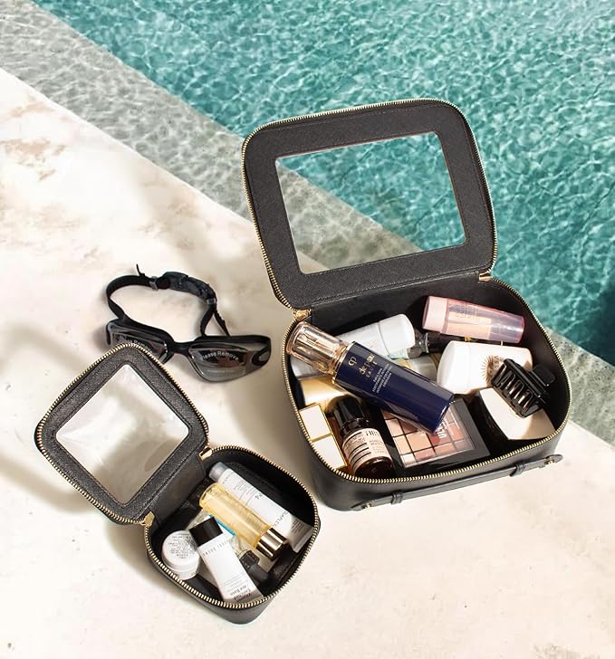 Clear Makeup Bags TSA Approved Toiletry Bag Handle Large Opening,Clear Toiletry Bags for Carry-on Traveling Travel Car Accessories Essentials Organziation Storage for Women Girls(Black, Mini&Large)