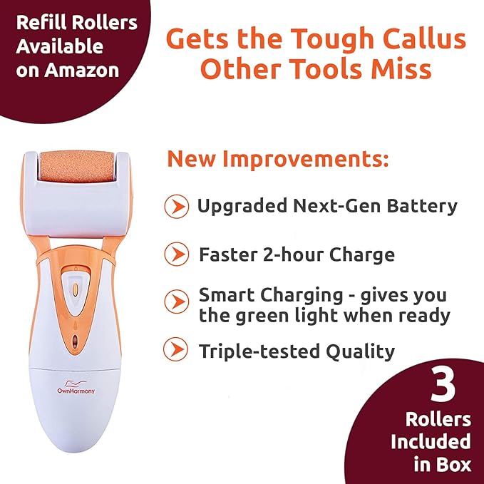 Rechargeable Callus Remover for Feet: Professional Electric Feet Sander for Women by Own Harmony - Electronic Foot File CR900 with 3 Rollers, Foot Grinder Pedi Care for Cracked Heels & Dry, Hard Skin