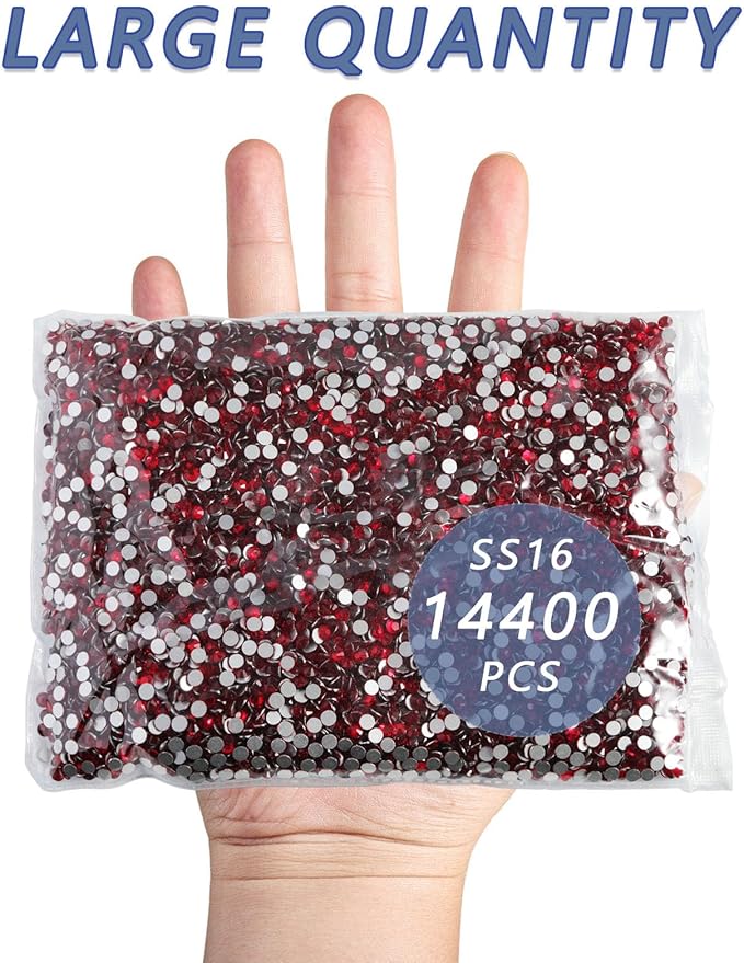 Beadsland Flatback Rhinestones Bulk, 14400pcs Red Rhinestones for Nails Crafts Clothes DIY Decoration, Siam, SS16, 3.8-4.0mm