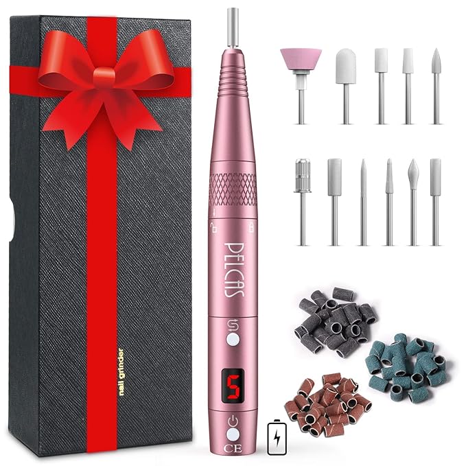 PELCAS Cordless Electric Nail Drill, Professional Portable Manicure Nail Drill Kit 20000RPM Rechargeable 5 Adjustable Speeds LCD Display 11 Attachments for Acrylic Nails, Polishing, Nail Art