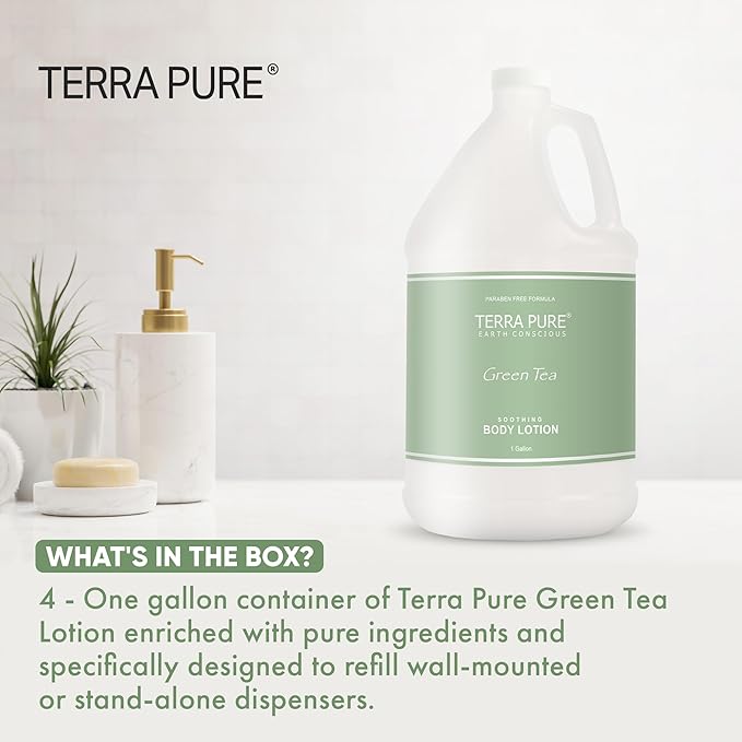 Terra Pure Green Tea Hotel Body Lotion | 1 Gallon | For Hospitality & Vacation Rentals to Refill Dispensers | (Set of 4)