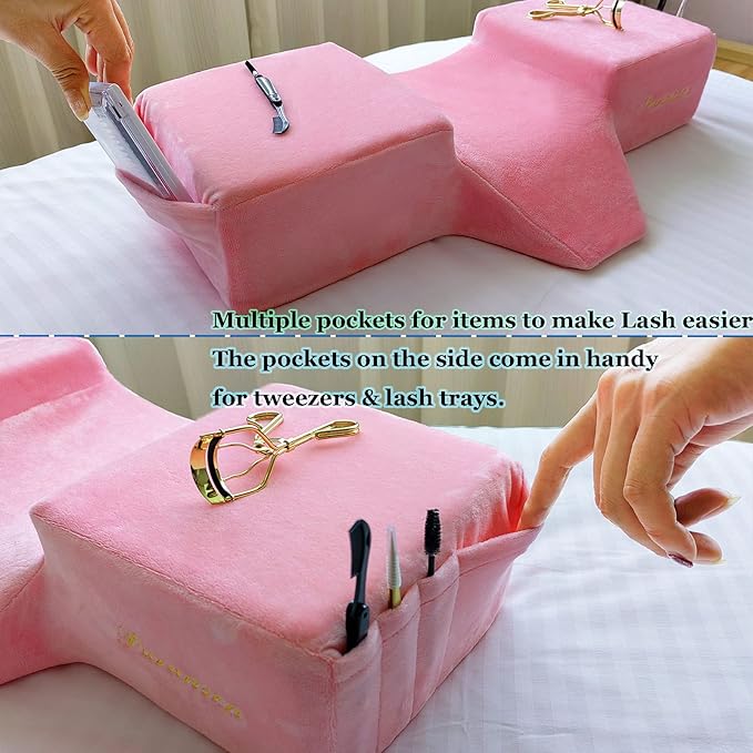 Puransen Lash Bed Pillow with Neck & Back Support - Curved Memory Foam Beauty Pillow for Eyelash Extensions & Salon Services, Two Pockets for Tools on The Sides of Removable Velvet Pillowcase (Pink)