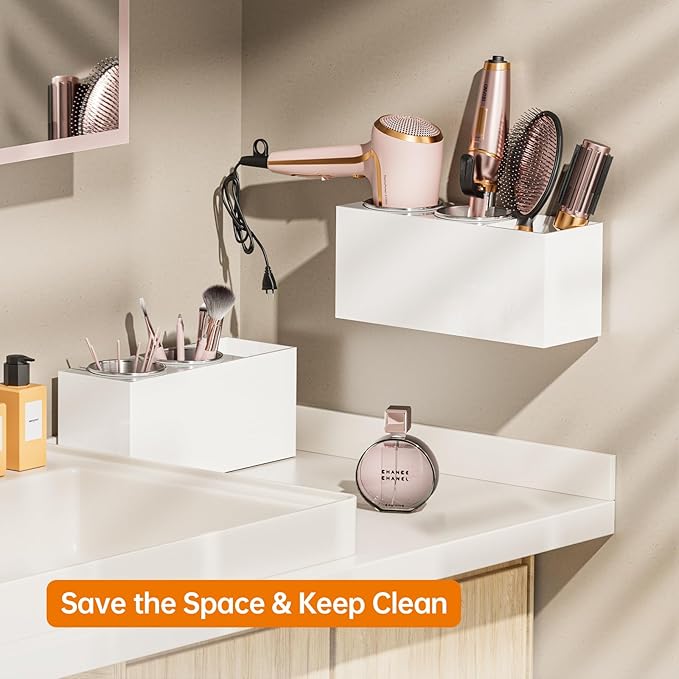 Hair Tool Organizer Acrylic: Hair Dryer Holder Wall Mount - Blow Dryer Holder Cabinet Door - Bathroom Countertop Organizer for Curling Iron Hot Styling Tools Flat Iron - White