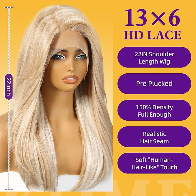 Blonde Synthetic Lace Front Wig,13X6 Long Straight Layered Glueless Wigs for Women Daily Use 22IN