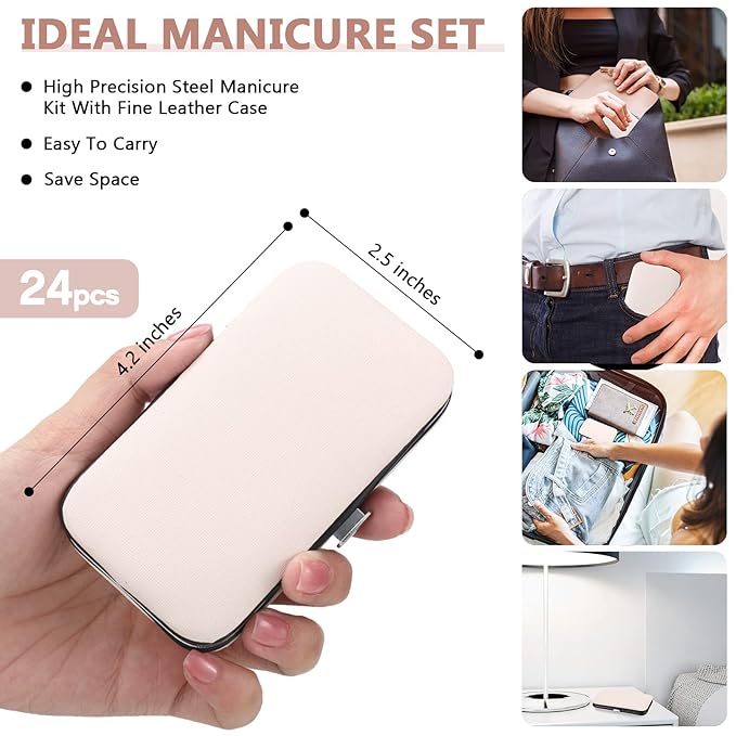 Lasnten 24 Set Manicure Set Bulk Nail Clippers Grooming Nail Kit Stainless Steel Professional Pedicure Kit Pedicure Tools with Travel Case Gifts for Men Women Personal(8 in 1,Pink, Rose Gold)