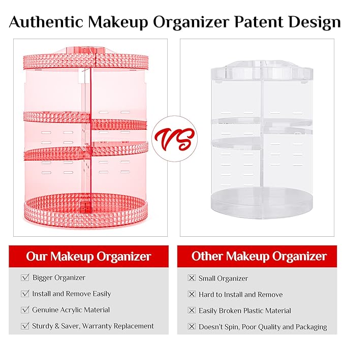 Pink 360 Makeup Organizer Carousel, Makeup Organizer for Vanity, Acrylic Make Up Organizer, Large 7 Layers 360 Makeup Organizer, Fits Makeup Brushes, Lipsticks, Bathroom, Vanity, Plus Size Pink