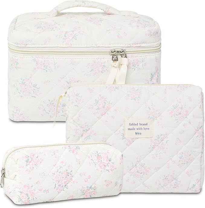 Makeup Bag, 3 PCS Quilted Makeup Bag, Cute Floral Cotton Cosmetic Bag set, Coquette Makeup Pouch Large Travel Toiletry Bag