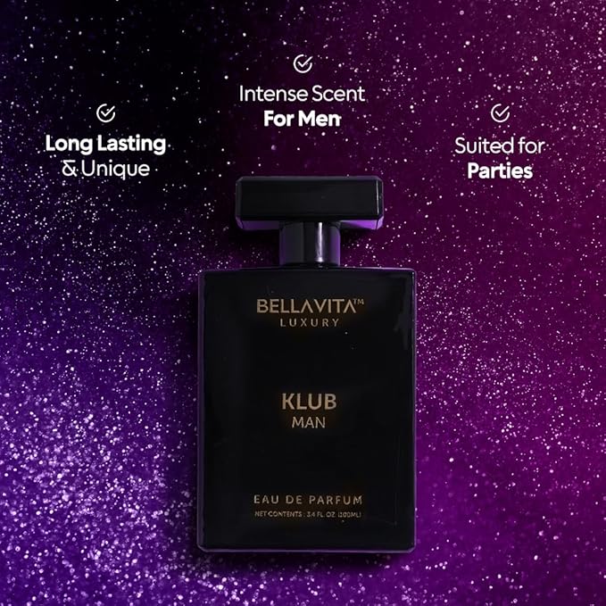 BellaVita Luxury KLUB Men's Eau De Parfum (100ml) | Intense, Masculine Party Perfume for Men | Notes: Lemon, Jasmine, Rose, Musk, Amber and Patchouli | Made with Premium Long-Lasting Perfume Oils