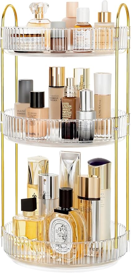 360 Rotating Makeup Organizer Countertop Clear 3 Tier Bathroom Organizer Spinning Perfume Organizers, Skincare Organizers Makeup Carousel Cosmetic Brush Storage for Vanity, Countertop