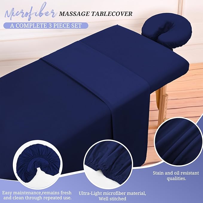 18Pcs 6 Sets Massage Table Sheets Set 3 Piece Set Includes Massage Bed Sheets, Massage Bed Cover Massage Face Rest Cover, Spa Bed Cover Massage Sheets Sets for Beauty Salon and Home Spa (Navy Blue)