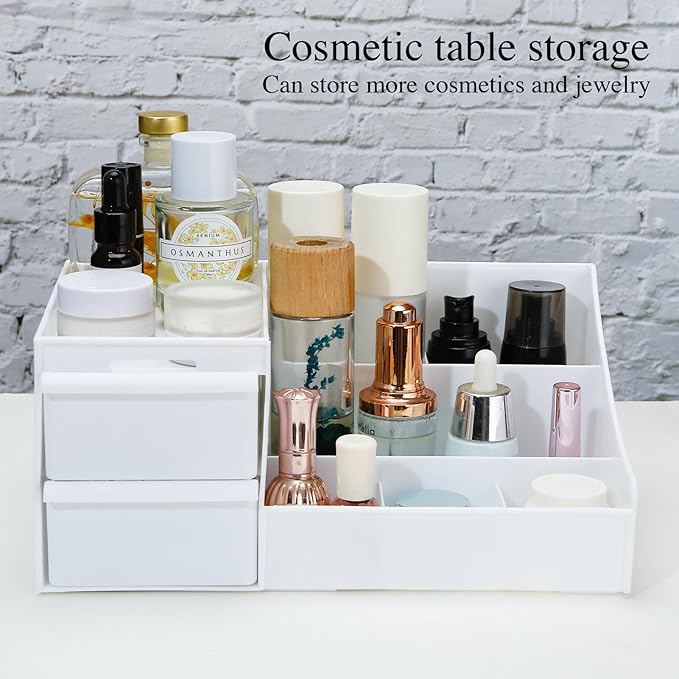 skin care organizer,Makeup Desk Organizer With Drawers,Countertop Organizer for Cosmetics,Vanity brush with Holder for Lipstick, Brushes, Eyeshadow, and Desktop (Large-White)