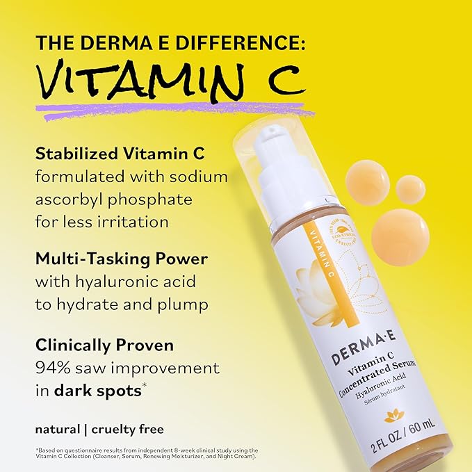 DERMA E Vitamin C Concentrated Serum, 2 Oz, with Hyaluronic Acid, Vitamin E & Aloe, All Natural, Antioxidant-Rich Concentrated Formula, Hydrating & Brightening Vitamin C Face Serum