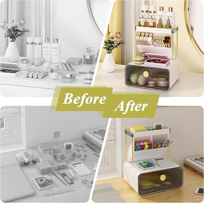 Makeup Organizer with Storage Drawer,Cosmetic Display with Lipsticks Brush Holder Perfume Tray,Organize Cosmetics and Beauty Supplies for Vanity,Dresser,Bathroom,Desktop Organizer,Smoky Gray