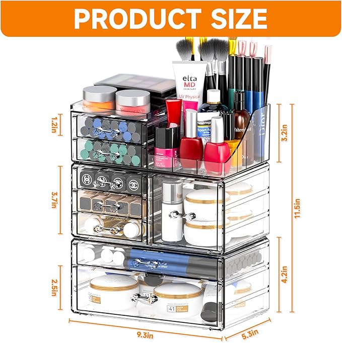 Cq acrylic Clear Makeup Organizer and Storage Stackable Skin Care Cosmetic Display Case with 8 Drawers Make up Stands For Jewelry Hair Accessories Beauty Skincare Product Organizing