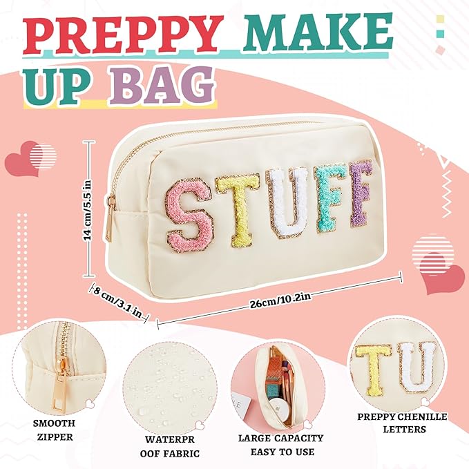 2 Pcs Preppy Chenille Letter Duffle Bag and Makeup Pouch, Travel Tote Bag Cosmetic Zipper Patch Makeup Bag (Nude)