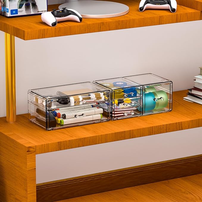 Cq acrylic 2 Pack Clear Desk Organizer With Drawers,Stackable 6 Drawers Skincare Organizer,Cute Skin Care Organizers for Vanity Hair Clip,Jewelry,Beauty Product Desk and Makeup Organizers Countertop