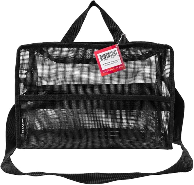 SHANY Collapsible Makeup Tools Travel Mesh Bag – Large See-Thru Travel Tote with Shoulder Straps – Water-Resistant with Zippered Pockets – Black