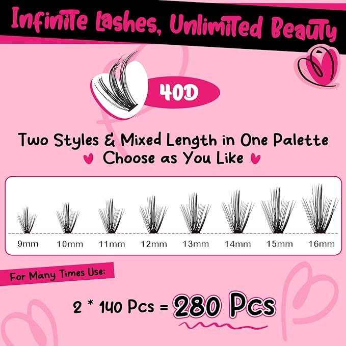 DIY Lash Extension Kit 280pcs Lash Clusters D Curl Eyelash Extension Kit Individual Lashes with Lash Bond and Seal Lash Remover Lash Applicator Easy to Apply at Home(40D-9-16mix Kit)