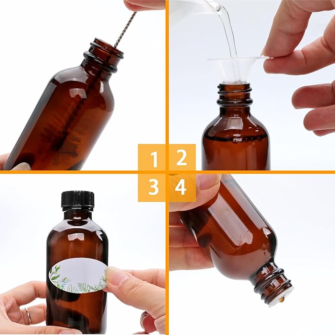 4oz Amber Glass Bottles, Boston Round Glass Bottles (50 Pack) with Leak-proof Caps, Refillable Container for Homemade Vanilla Extract, Essential Oils, Herbal Medicine and More
