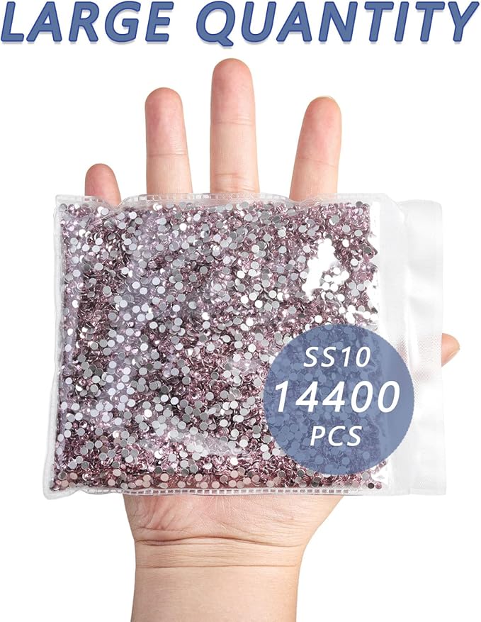 Beadsland Flatback Rhinestones Bulk,14400pcs Pink Rhinestones for Nails Crafts Clothes DIY Decoration, Light Rose/Light Pink, SS10, 2.7-2.9mm