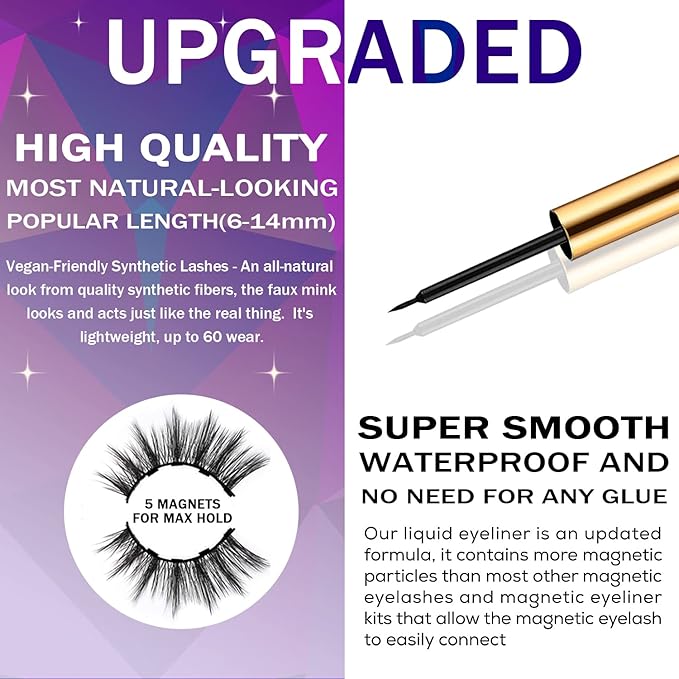 DUOERLA Magnetic Eyelashes Natural Look,Wispy Cat Eye Magnetic Lashes with Eyeliner Kit,Upgraded Long Lasting,Reusable,Easy to apply,Black,with Applicator,Vegan & Cruelty Free 10 Pairs,