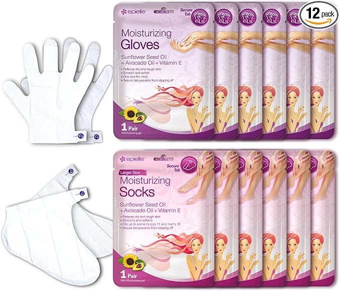 Epielle Moisturizing Hand & Foot Masks (Gloves & Socks 12 Pairs) for Dry Hands, Dry & Cracked Heels, Spa Masks with Sunflower Seed Oil and Avocado Oil, Mother's Day Gifts, Teacher's Appreciation
