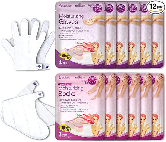 Epielle Moisturizing Hand & Foot Masks (Gloves & Socks 12 Pairs) for Dry Hands, Dry & Cracked Heels, Spa Masks with Sunflower Seed Oil and Avocado Oil, Mother's Day Gifts, Teacher's Appreciation