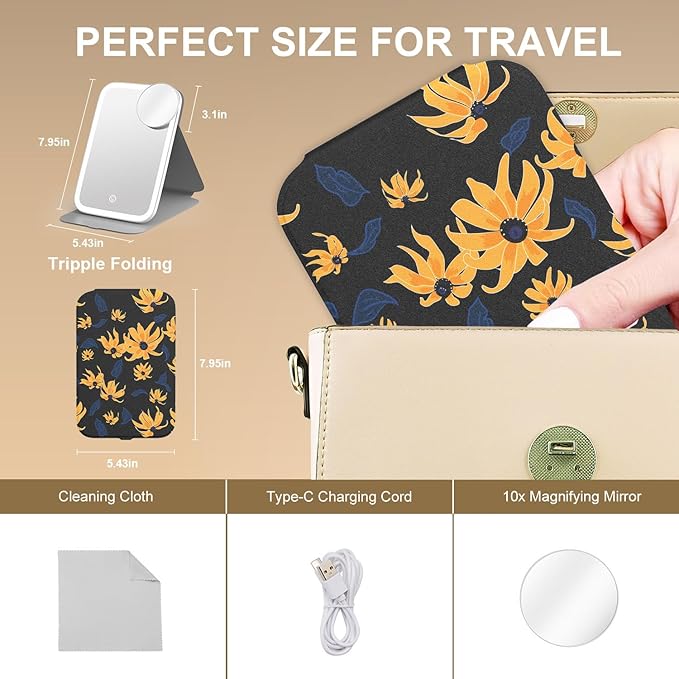 Mocado Travel Makeup Mirro with Lights, 360° Rotation Lighted Makeup Mirror, Portable Mirror with 10x Magnification, 60LEDs 3 Color Lightings, Dimmable Touch Screen, Tabletop Light up Mirror(Daisy)