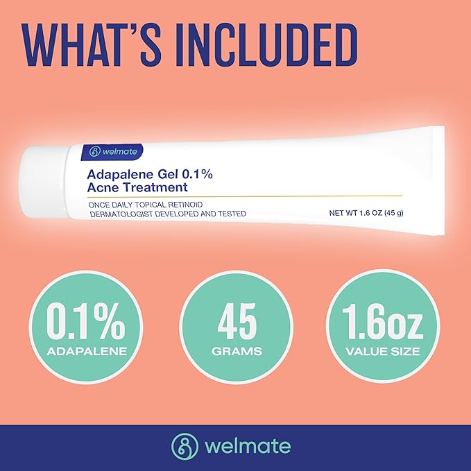 WELMATE Adapalene Gel 0.1% - FSA HSA Approved Acne Treatment - Daily Topical Skincare - Pimple & Acne Cream - Oil & Fragrance Free - Dermatologist Tested & Approved - 1.6oz/45g, 2 PACK
