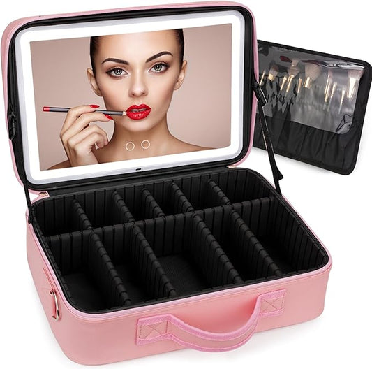 Plus Size Travel Makeup Bag with Large Lighted Mirror, Makeup Cosmetic Train Case with Detachable Mirror and Light Waterproof Artist Organizer with Adjustable Dividers Gift for Women (Pink)