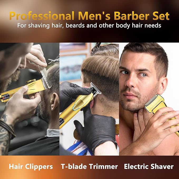 Hair Clippers for Men Professional，Clippers and T-Blade Trimmers Set，Electric Razor Shavers Hair Trimmer Kit，Hair Cutting Machine，LCD Display,Best Presents(Gold)