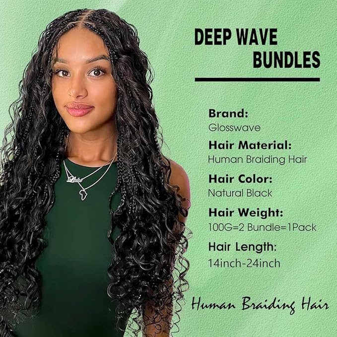 Human Braiding Hair 2 Bundles 100g 14 Inch Deep Wave Bulk Human Hair for Braid No Weft Curly Braiding Hair Bulk Curly Human Hair for Boho Braids 12A Brazilian Virgin Hair Extensions Natural Color
