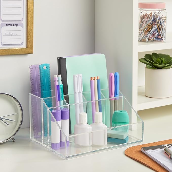 STORi Chloe Clear Plastic Stackable Makeup Brush Holder, Rectangular 6-Compartment Organizer for Brushes, Cosmetics & Beauty Supplies, Made in USA