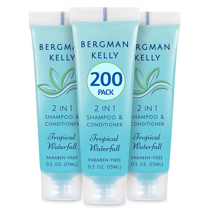 Bergman Kelly - Travel Size 2 in 1 Shampoo & Conditioner - 0.5 fl oz, 200 PK, Tropical Waterfall - Delight Your Guests w/Invigorating & Refreshing Shampoo Amenities - Small Hotel Toiletries in Bulk
