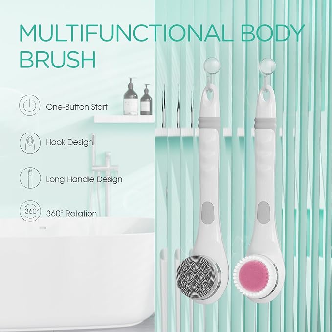 VOYOR Electric Body Brush Back Scrubber for Shower Rechargeable Exfoliating Bath Brush Powered Shower Brush with Non-Slip Long Handle Deep Cleansing, Exfoliation, Massaging Spin Brush BC100 (Gery)