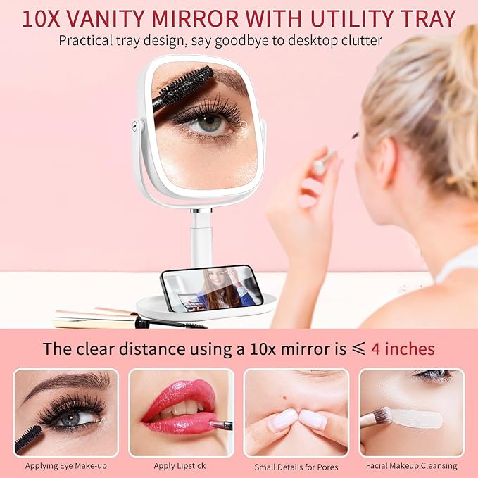 Lighted Makeup Mirror, 2600mAh Rechargeable 1x/10x Magnifying Vanity Mirror, 8.5" Height Adjustable Makeup Mirror with Lights 3 Color, 360° Rotation 2-Sided Light up Large Desk Mirror, Gifts for Women
