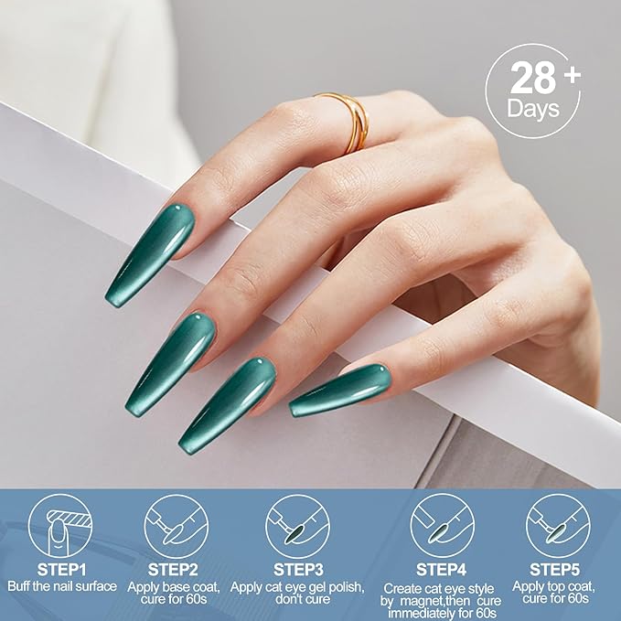 Adhere 6Pcs 12ML Cat Eye Soak Off UV LED Gel Nail Polish, Sparkling White Cat Eyes Reflective Glitter Cat Eye, Sparkling Diamond Magnetic Flash Color with Magnet