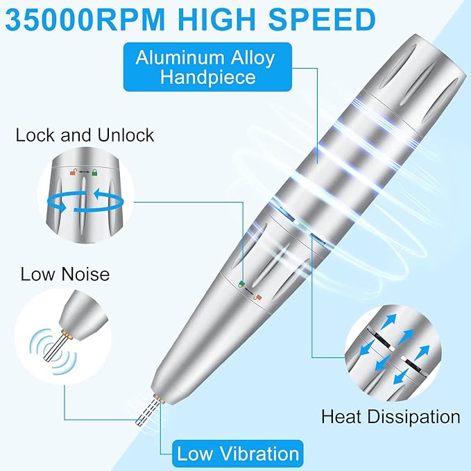 35000RPM Professional Nail Drill Machine, Portable Rechargeable File Machine Set for Acrylic Gel Nails, Manicure Pedicure Tools for Home and Salon Use