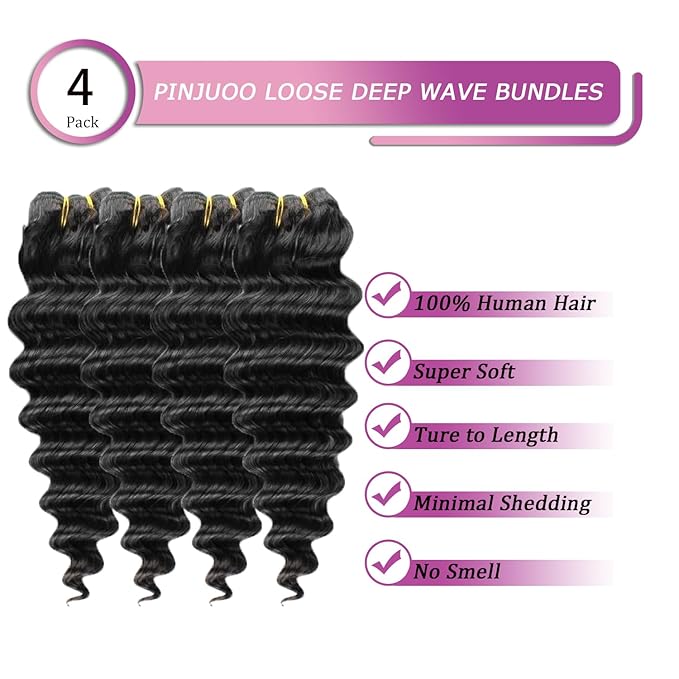 Loose Deep Wave Bundles Human Hair Virgin Human Hair Wavy Bundles 22 24 26 28 Inch Weave 4 Brazilian Bundles Long Human Hair Extensions Natural Black Color for Women
