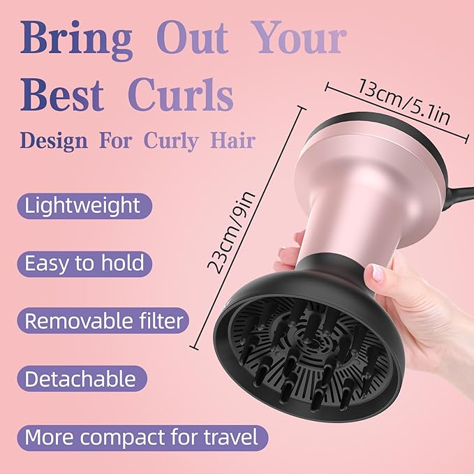 2 In 1 Diffuser Hair Dryer for Curly Hair, Ultra 1875W Ionic Hair Dryer with Diffuser & Comb Nozzle Attachment, Enhances Curl Waves, Reduce Frizz, Overheat Protection, Travel Size, Gifts for Women Her