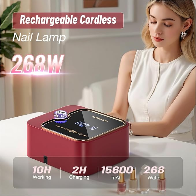268W UV Nail Lamp Cordless, Rechargeable UV Light for Gel Nails with Convenient Knob & Full LCD Display Screen, Portable LED Nail Lamp, Professional Nail Dryer for Nail Salon & Home Use