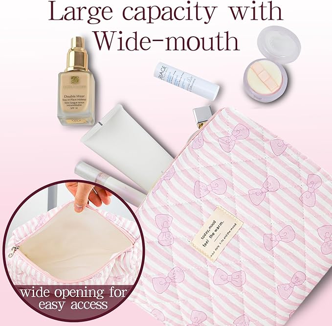 3Pcs Quilted Makeup Bag, Cute Floral Cotton Cosmetic Bag set, Coquette Bow Makeup Pouch Large Travel Toiletry Bag