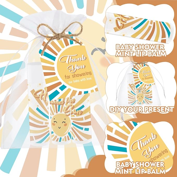 50 PCS Here Comes The Sun Baby Shower Lip Balms Bulk Gift for Guests,Thank You Gifts Sun Birthday Supplies Stuffers,Favors Boys Girls Games Neutral Gender Reveal Favors Party Decorations(Sun)