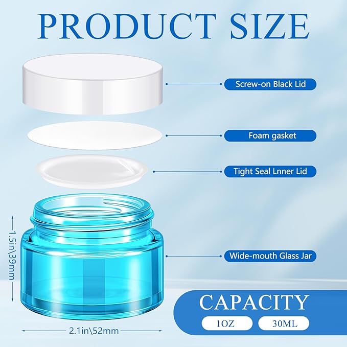 Domensi 60 Pcs 1oz Glass Jars with Lids Bulk Salve Tins Small Glass Candle Cosmetic Jars for Travel with Inner Liners Containers for Lotions Sample Cream(Light Blue, White Lids)